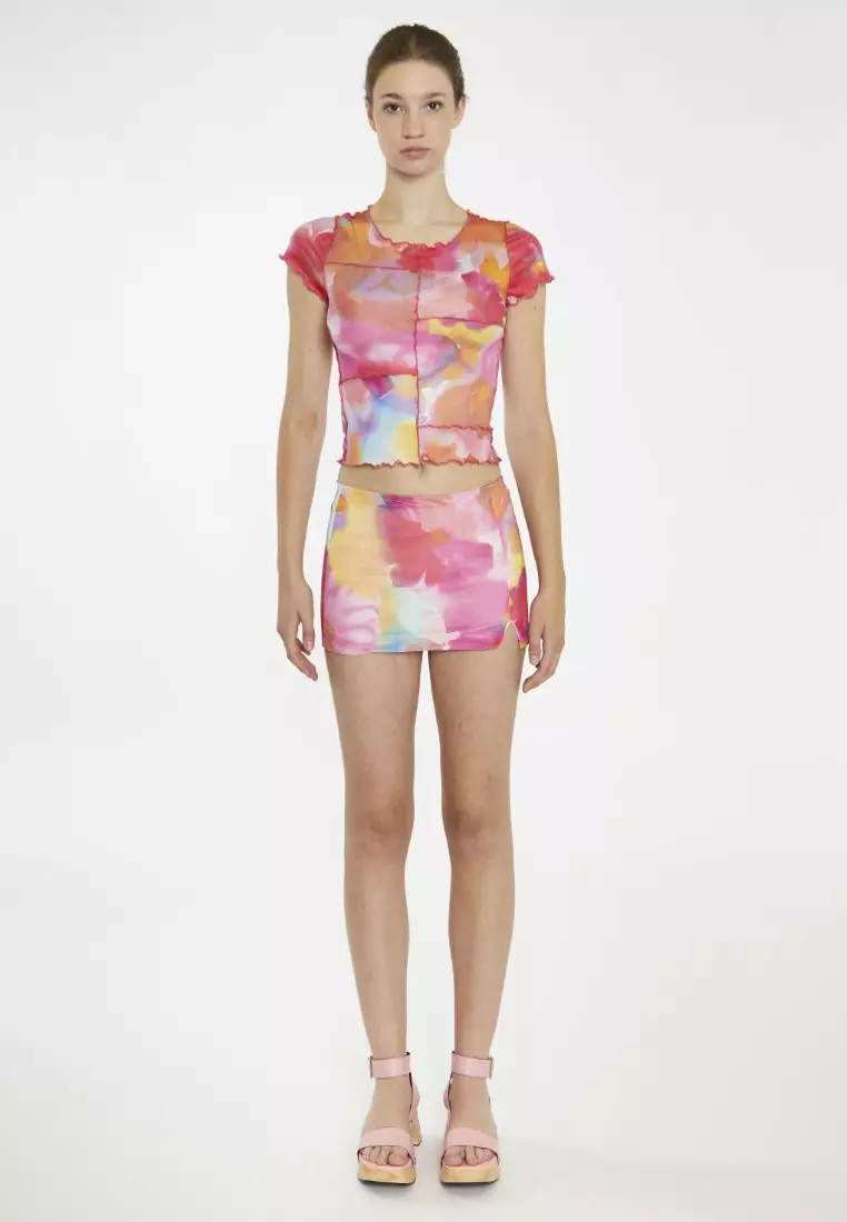 Multi Watercolour Flower Exposed Seam T-Shirt