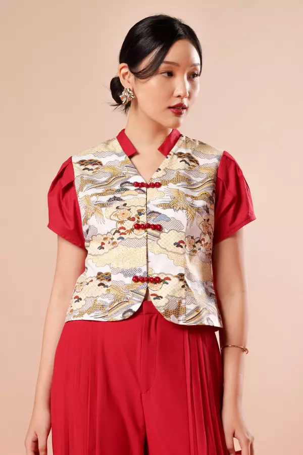 MINIMAL x Melvee - Nana - Printed V Neck Top - Beige