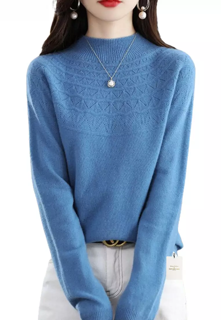 Hollow Out Pattern Wool Long Sleeves Half Turtleneck Pullover JW QT D003