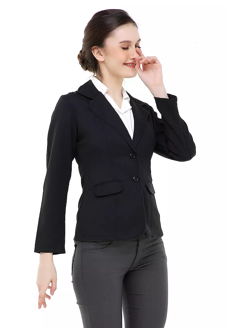Qemsya Jas Blazer Wanita Korean Style Formal Longsleeve Suit Material Polyester ORIGINAL - Black