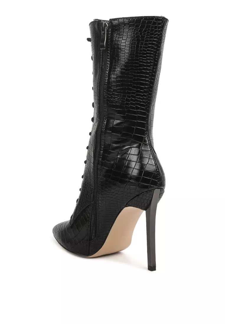 Croc Textured Over The Ankle Boots in Black