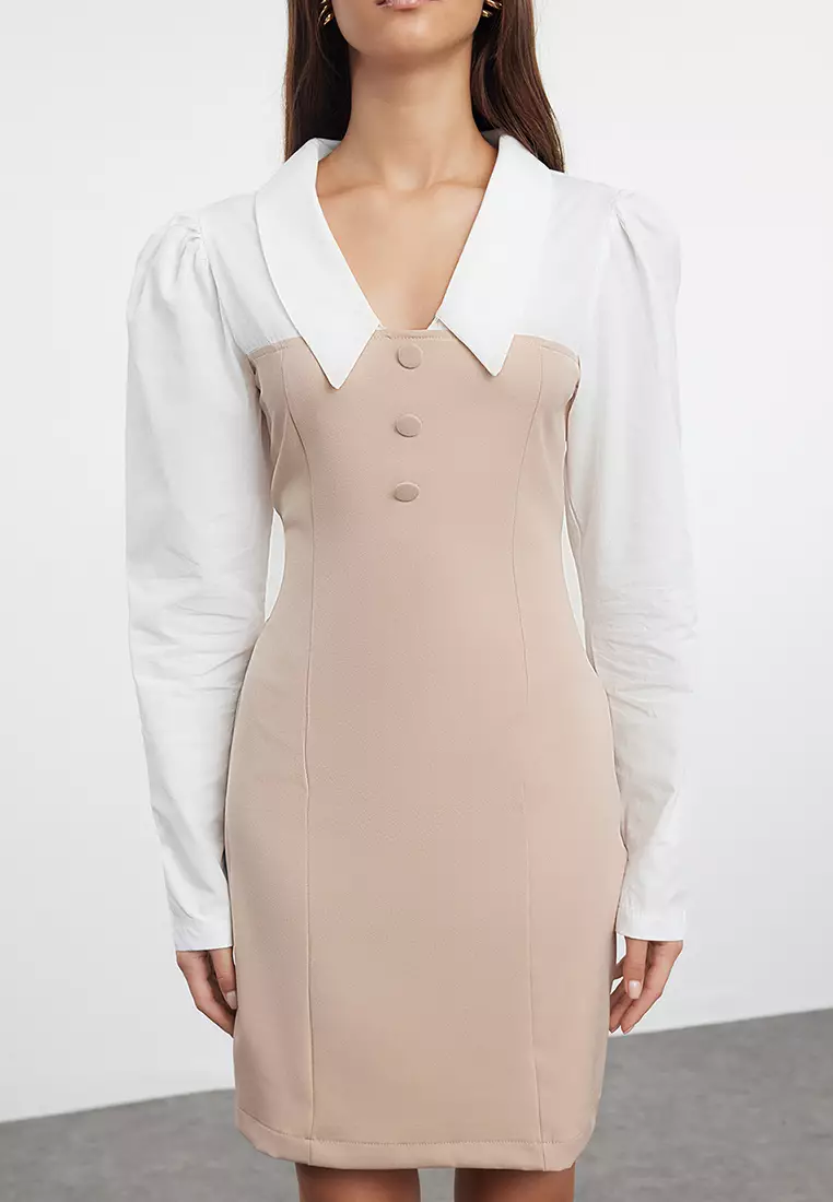 Camel Straight Bodycon Shirt Collar Woven Dress TWOAW23EL00611