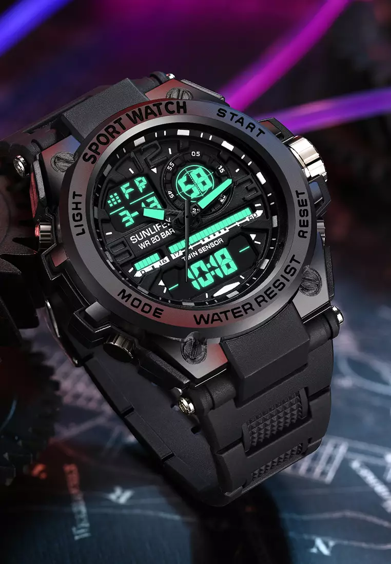 Jam Tangan Pria Digital&Analog Olahraga Multifungsi Tali Silikon Jam Tangan Cowok D003 black