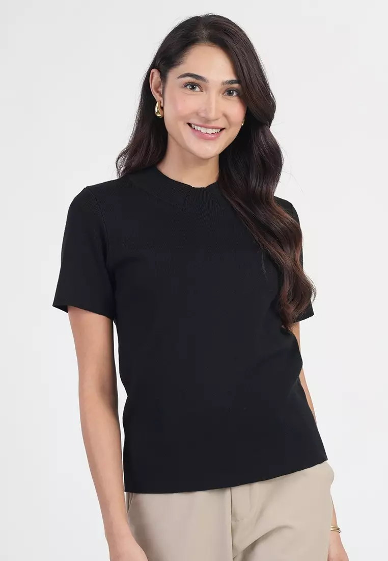 Jolianne Cap Sleeves High Neck Textured Shell Blouse