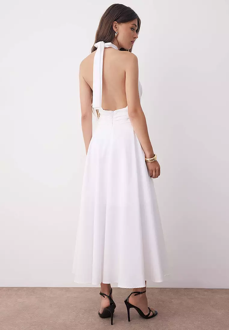 White Low-Cut Halter Neck Poplin Lined Woven Dress