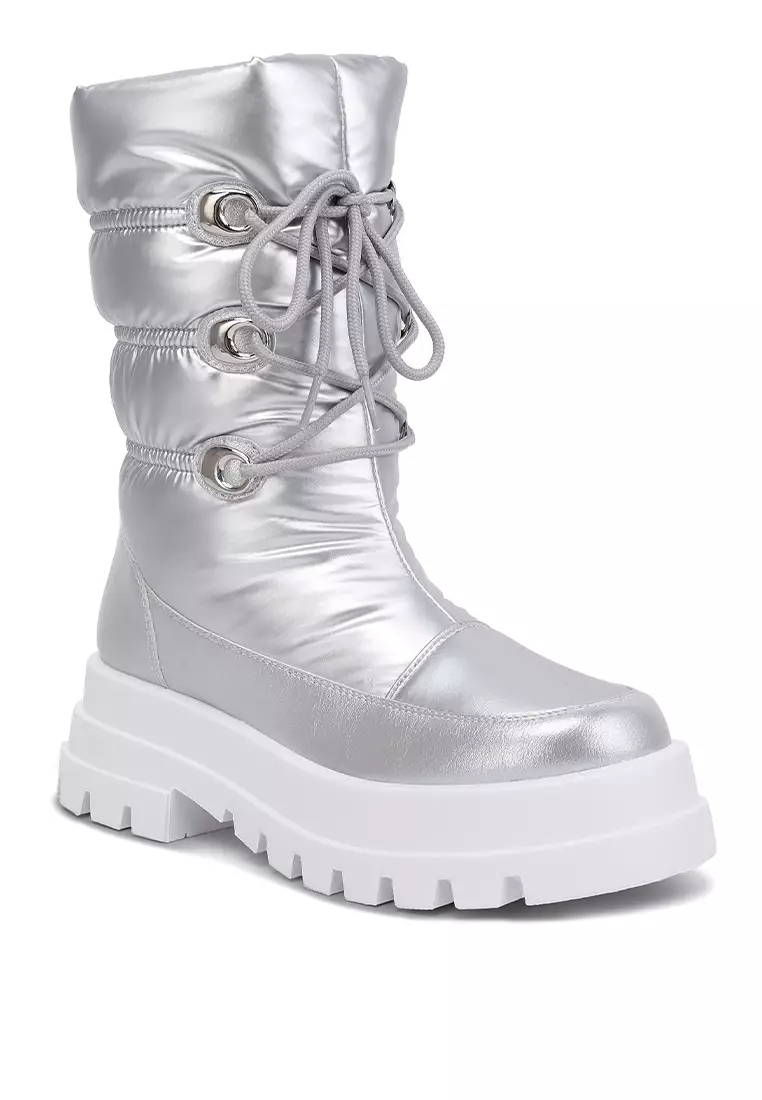 Party Faux Leather Lace Up Boots In Silver