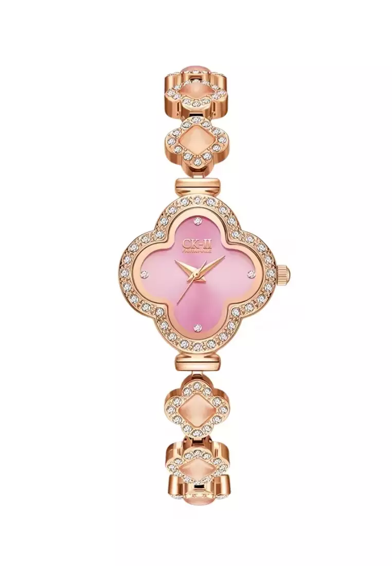 女士幸運四葉草不鏽鋼石英腕錶，鑲有水晶，金屬錶帶