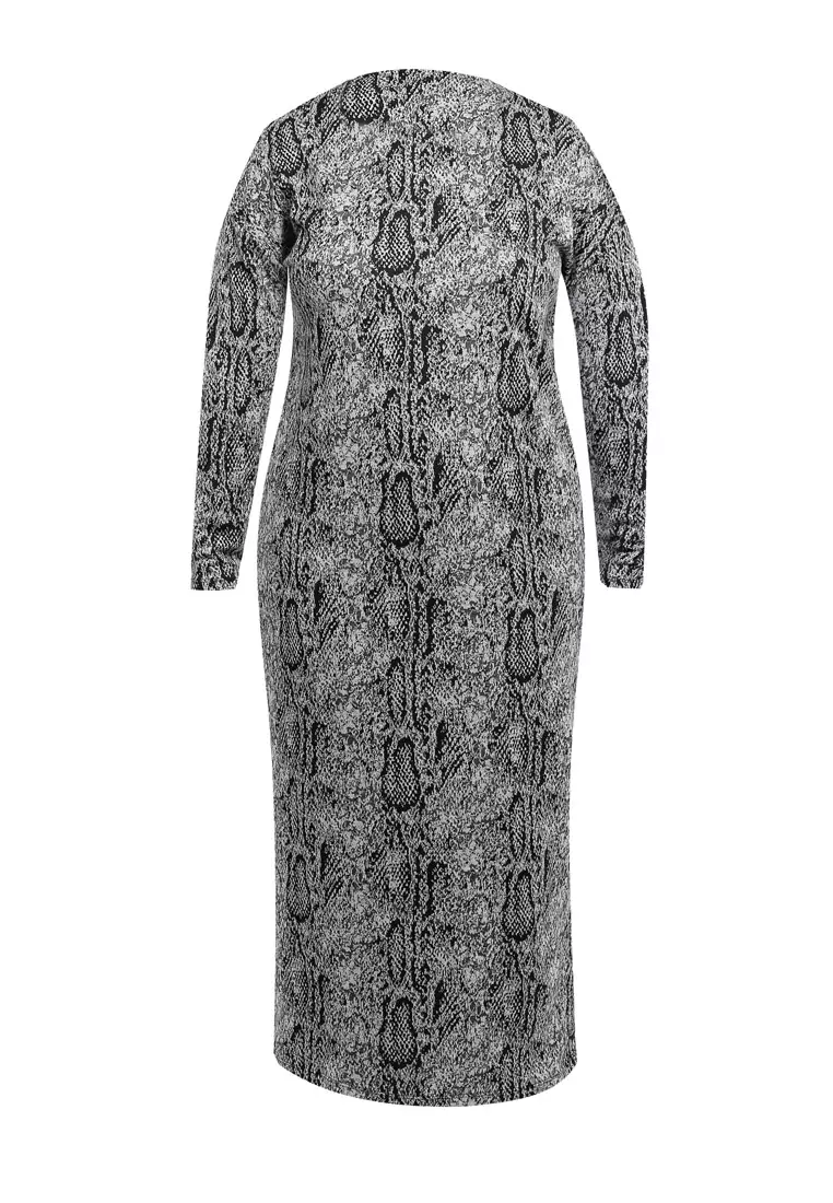 Snake-Leather-Patterned Belted Dress