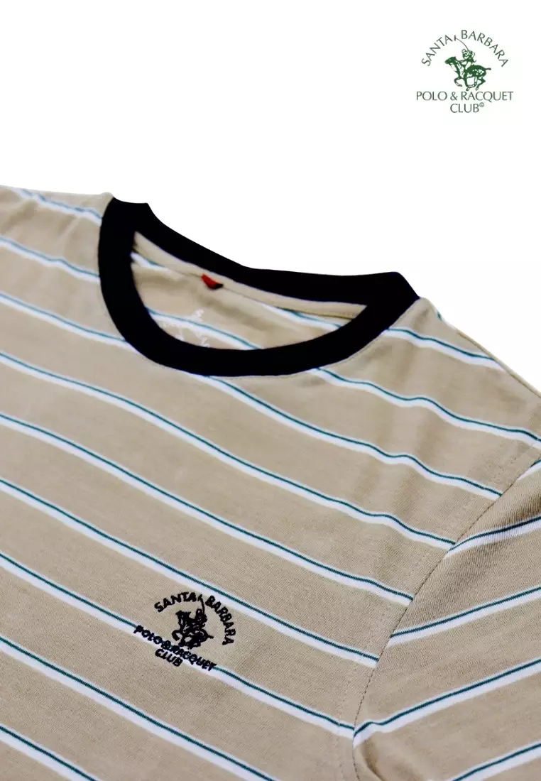 Stripe Beige Round Neck T-Shirt for Men W/ Embroidered Logo on Chest