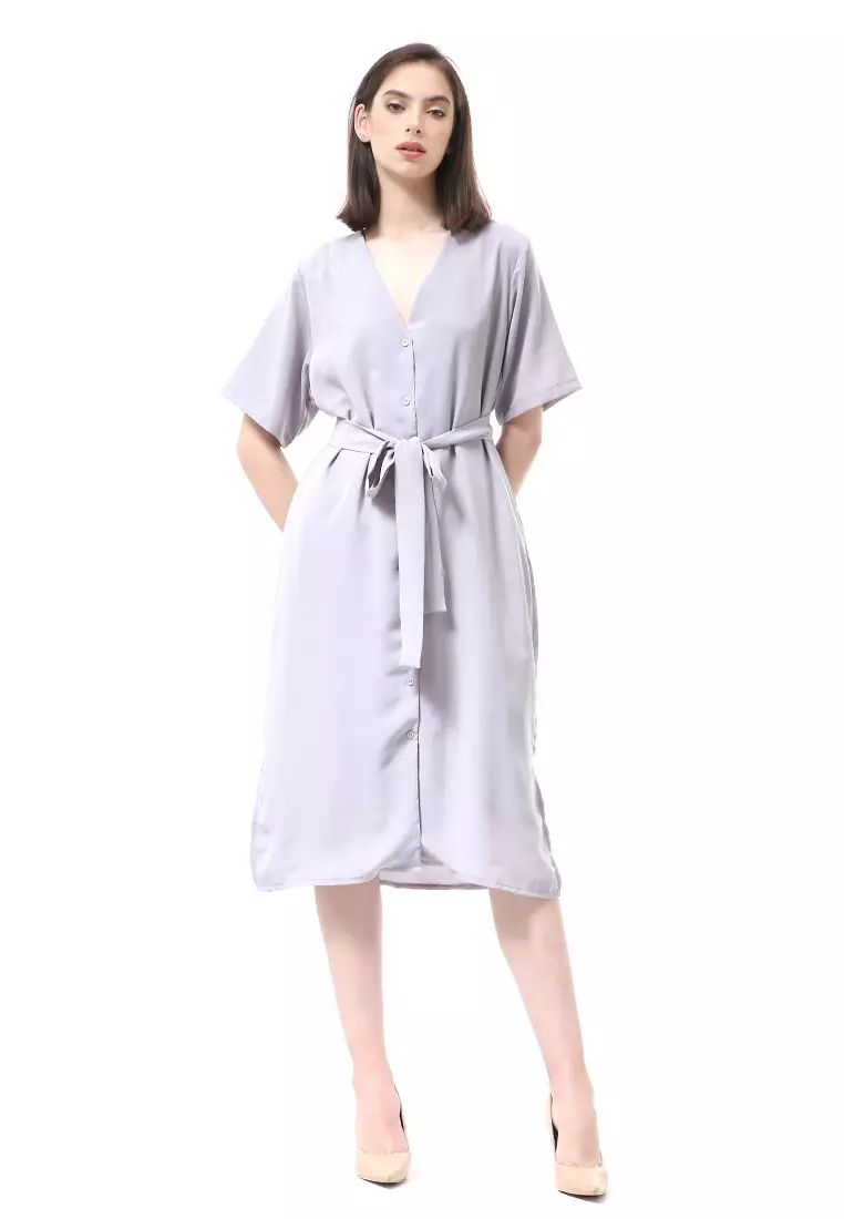 Rachel Midi Dress Wanita Lengan Pendek Full Kancing with Strap Pinggang Material Crepe ORIGINAL - Dusty Lilac