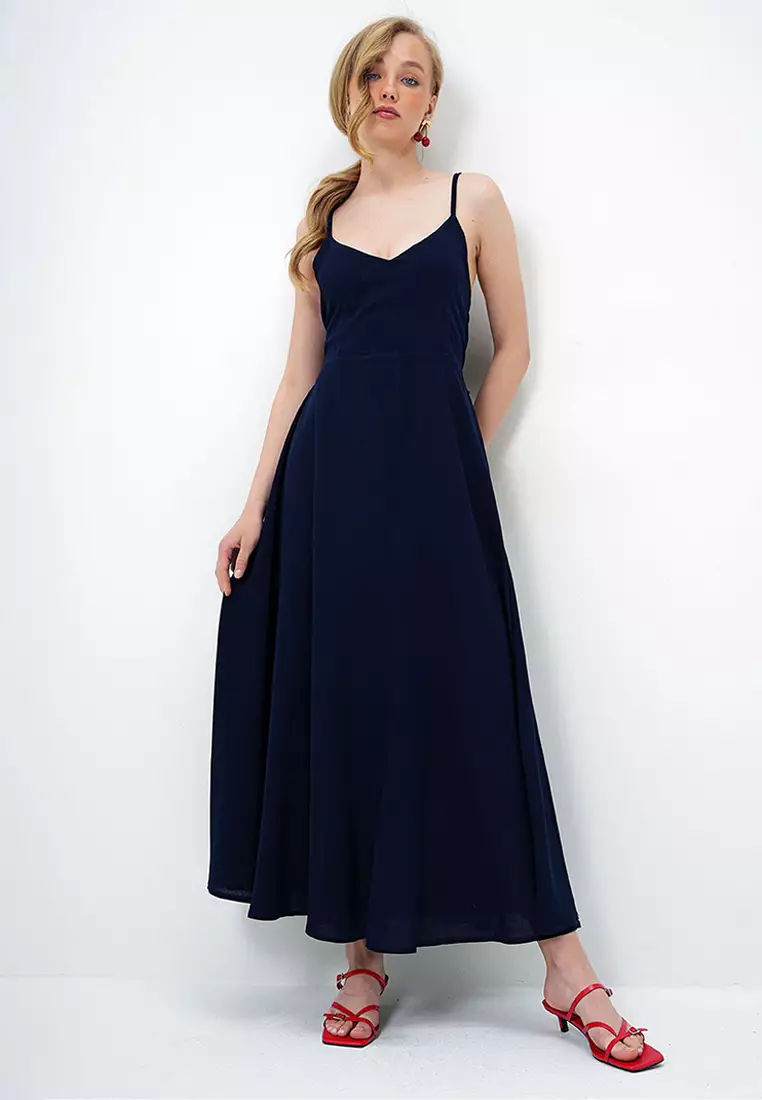 Women's Navy Blue Rope Strap Back Tie Detailed Maxi Length Summer Dress Alc-X13471