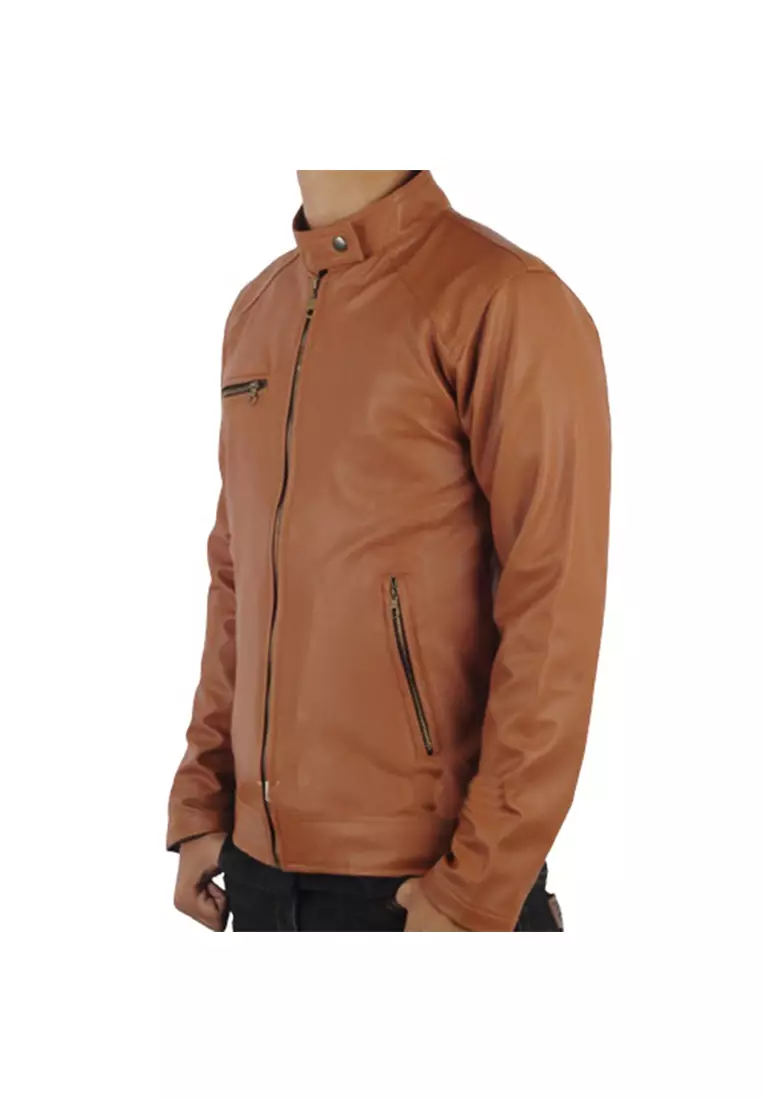 Clover Jaket Pria Elastis Mewah Casual Jacket Three Pockets Material Leather Kulit ORIGINAL - Brown