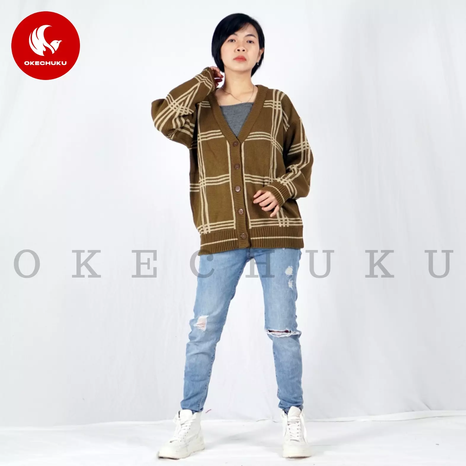  KARDIGAN MINGYU Cardigan Rajut V Neck Unisex Pria Wanita - Bronze