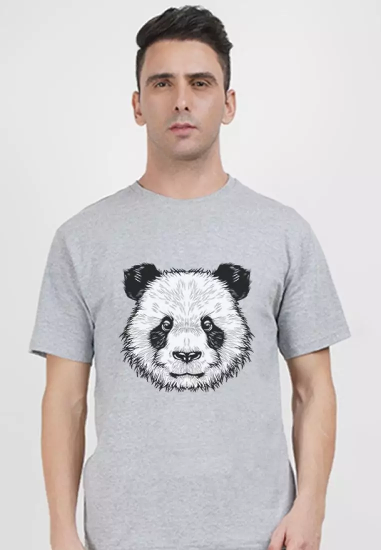 Panda Graphic Grey Cotton Short Sleeve Crew Neck Relaxed Tee