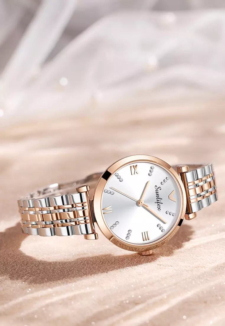 Jam Tangan Wanita Berlian 9018 Original Anggun Santai Wanita Tali Stainless Steel Jam Tangan Cewek rose white