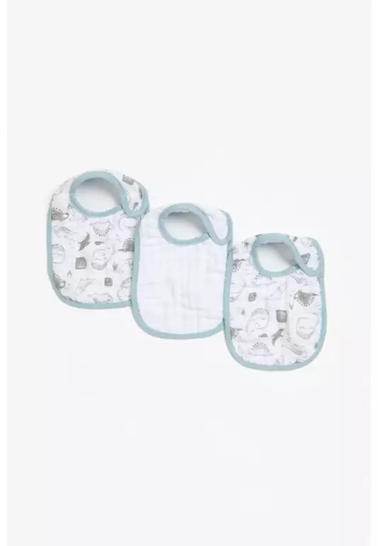 Blue Dino Muslin Velcro Newborn Bibs - 3 pack