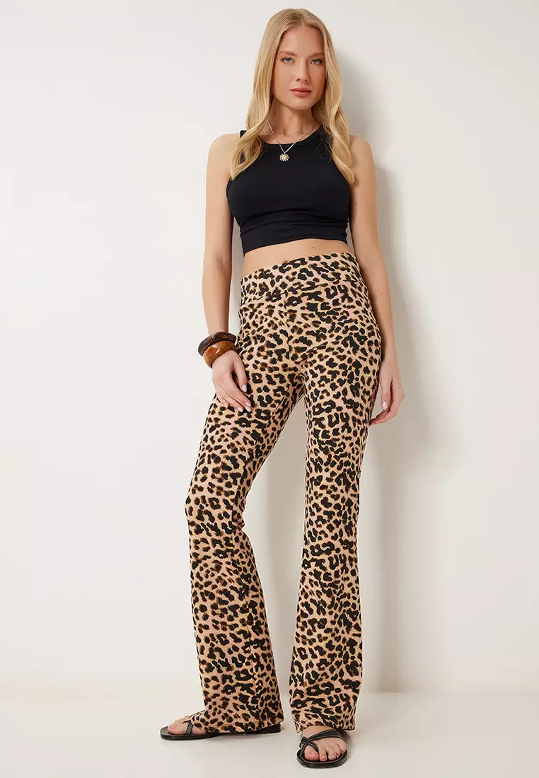 Women Black Cream Patterned Flare Leg High Waist Stretchy Knitted Pants Cr00491