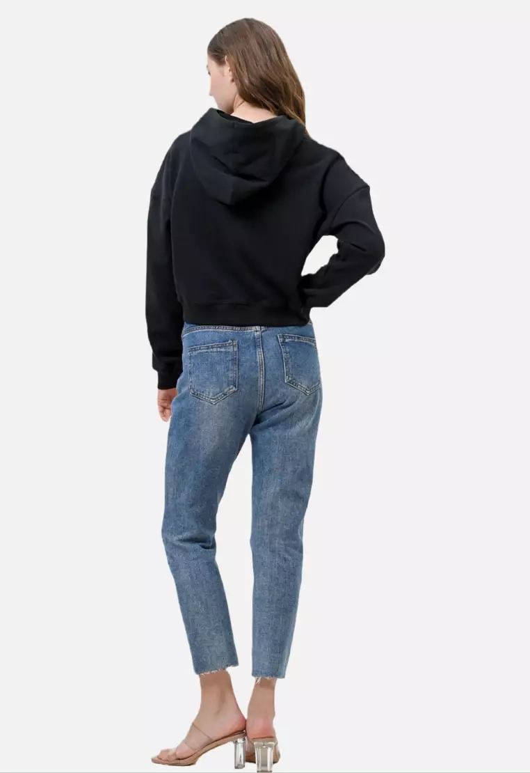 TONIQUE Hoodie Wanita Crop Katun Hitam LOLLY Women's Regular Fit Cotton Crop Hoodie Black