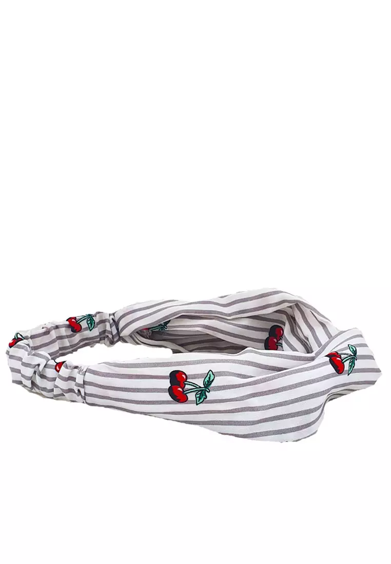 Twisted Headband Striped Cherries Grey
