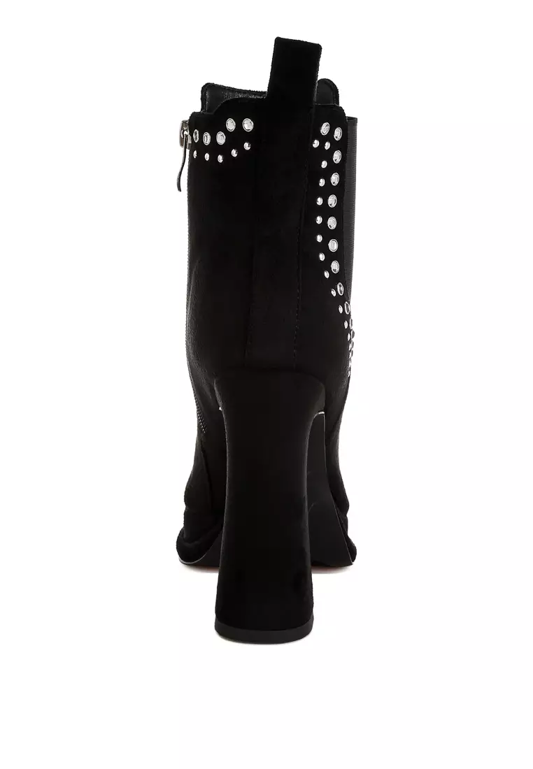Studs Embellished High Ankle Boots in Black