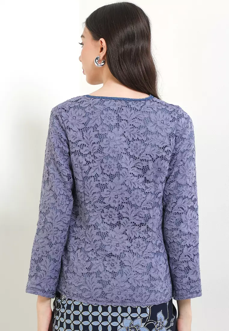 Blouse Lace Kebaya Muslim Brokat Reswara Lengan Panjang Full Furing Blue