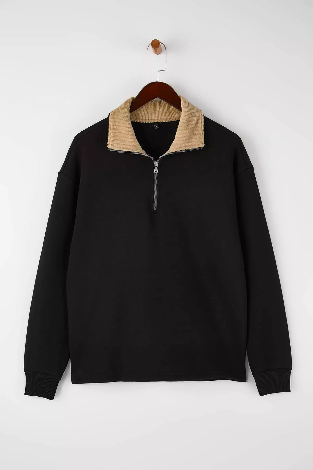 Black Collar Detailed Stand Collar New Oversize/Wide Cut Thick/Fleece Lined Sweatshirt Tmnaw26Sw00003