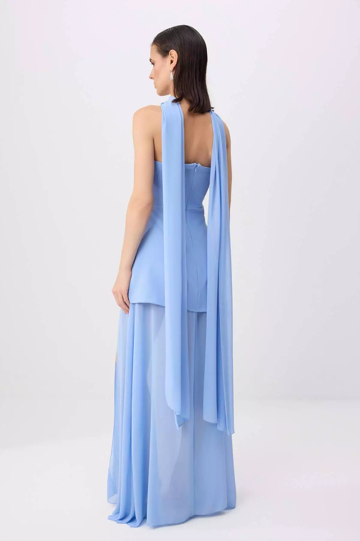 Blue Shawl Detailed Woven Maxi Evening & Graduation Dress Tprss25Ae00188