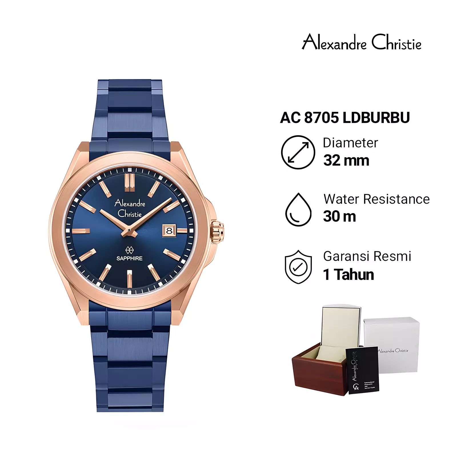 Alexandre Christie Sapphire Glass - Jam Tangan Couple Pria Wanita - Rose Gold Blue - Stainless Steel - 8705 MLDBURBU