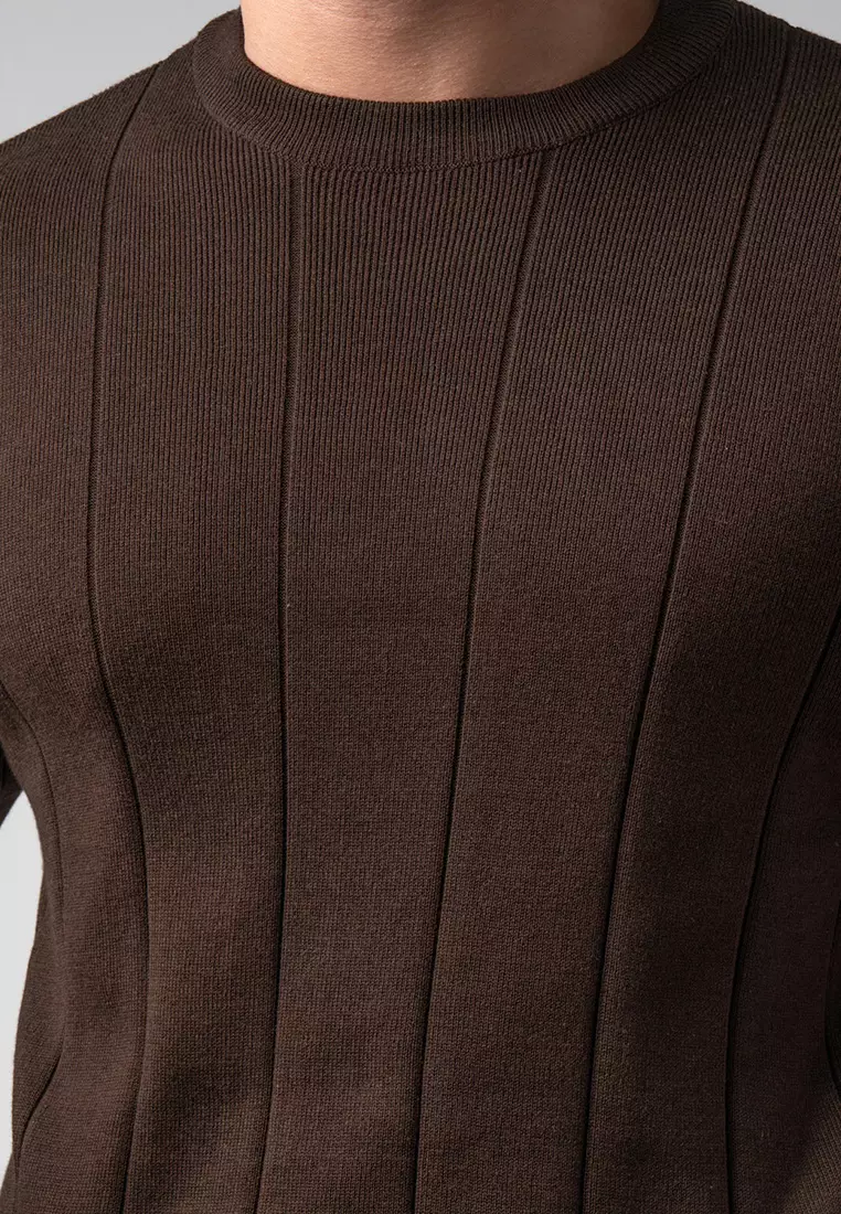 Mens Striped Knitted T-Shirt Cotton Dark Brown SS