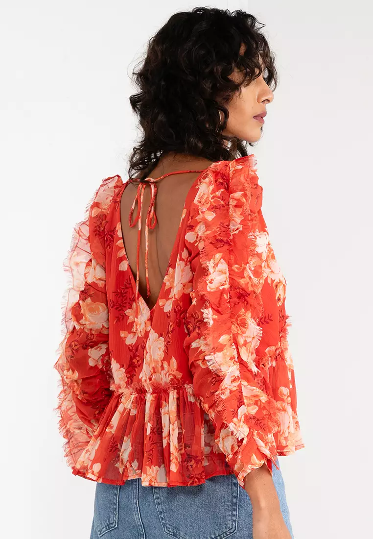 V Neck Blouse With Frill Long Sleeve Detail