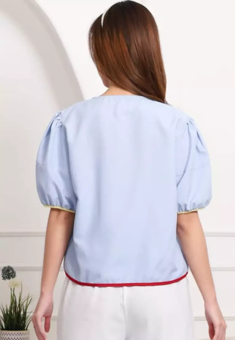 Jipii Blouse Ribbon with Puff Sleeve in Light Blue