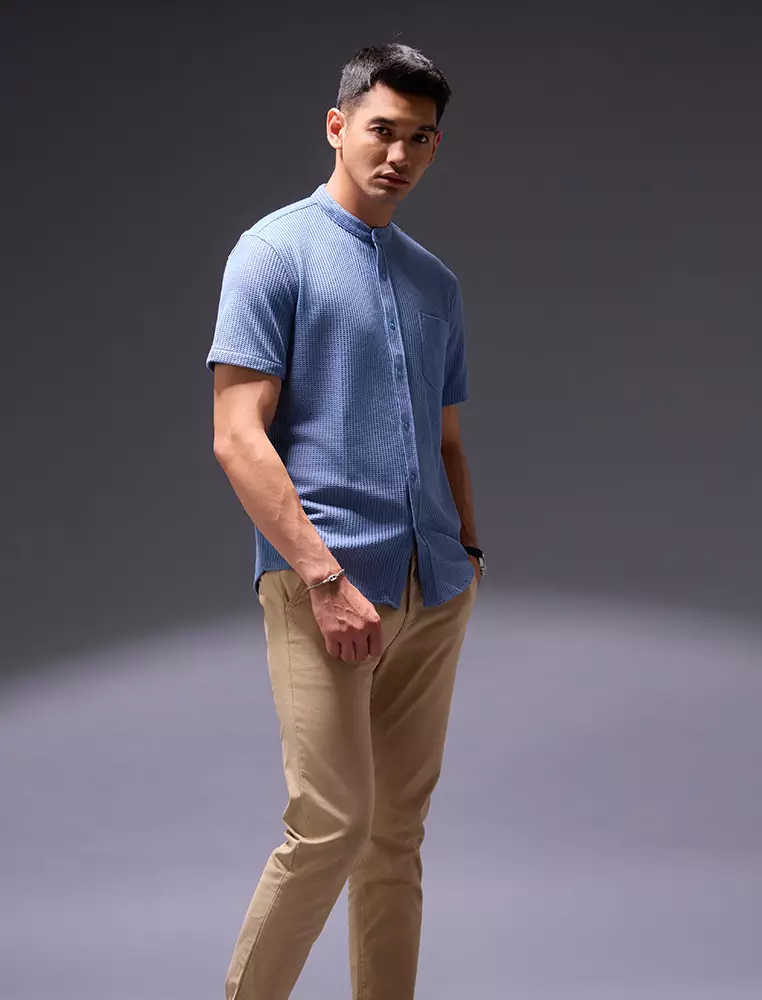 OXCON kemeja Tangan Pendek Waffle Kerah Collarless Denim Blue