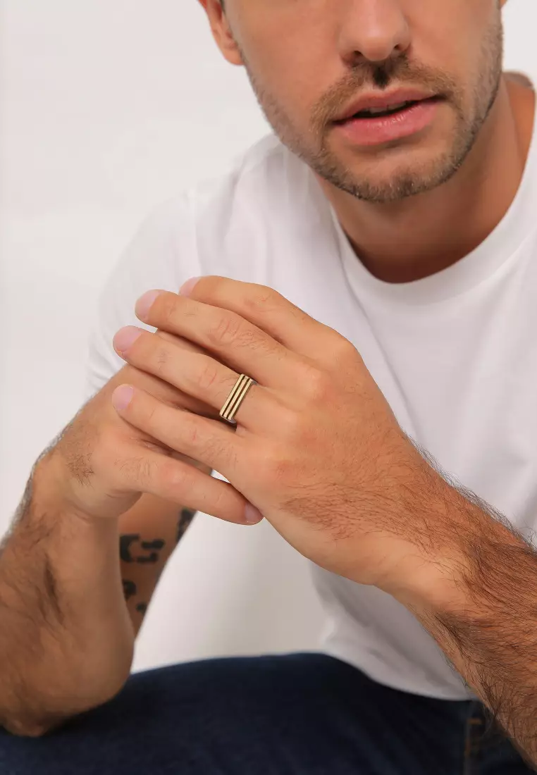 Ring Signet Rectangle Grooves Gold Plated