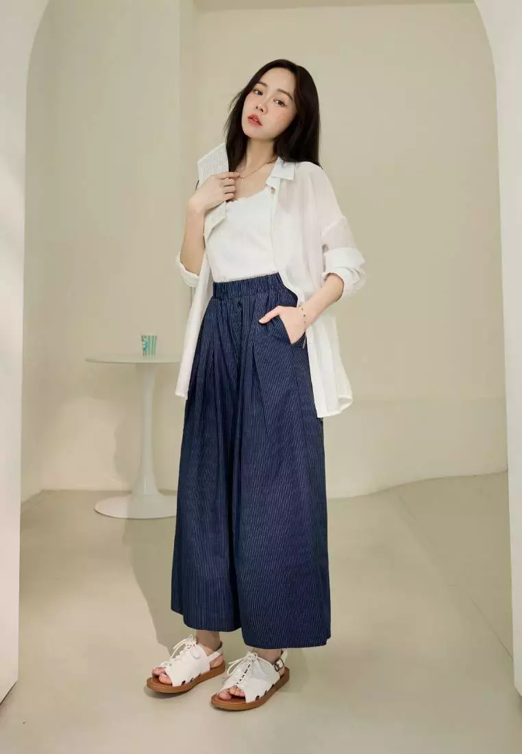 Pinstripe Pleated Wide-Leg Pants with Elastic Waist [BA7839]