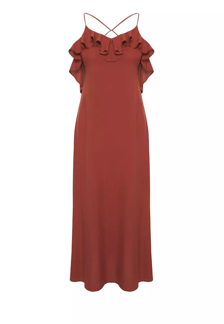 Dark Brown Maxi Woven Backless Beach Dress Tbess19Wy0004