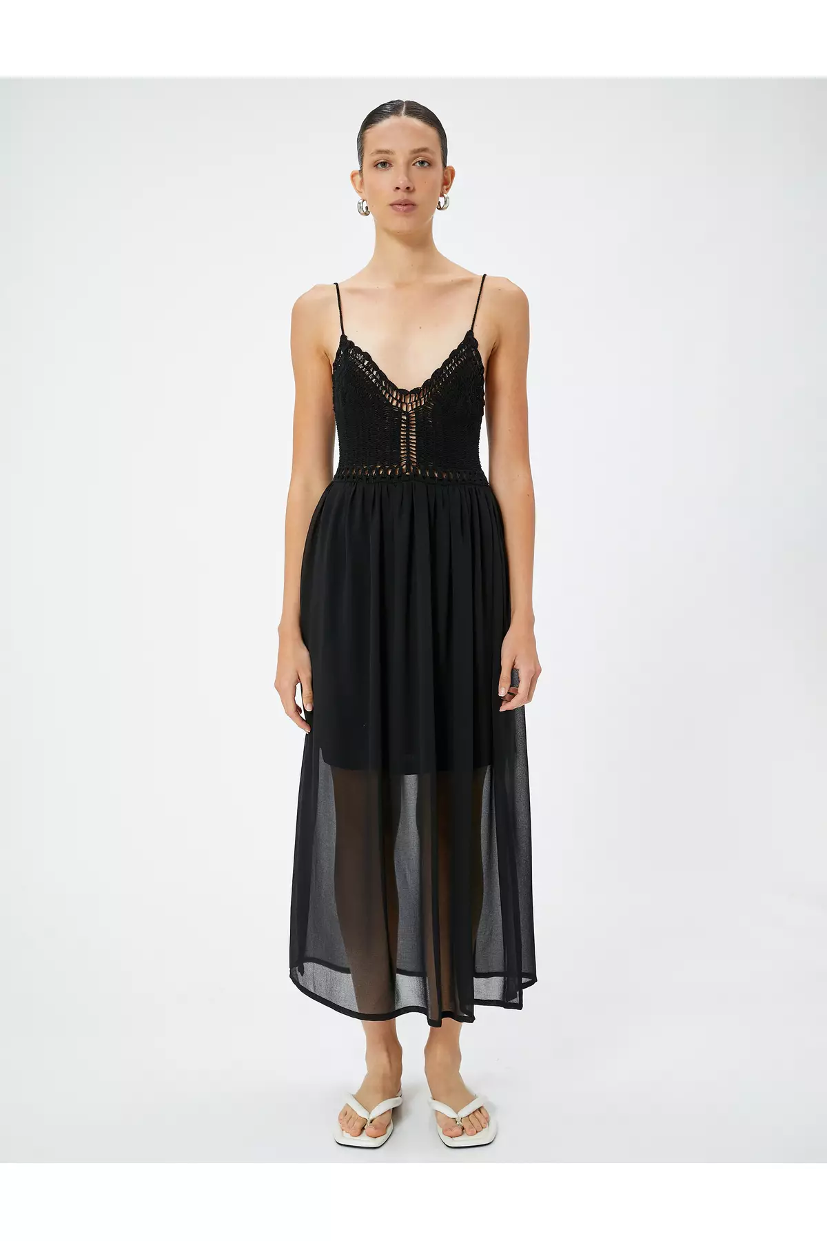 Midi Length Tulle Crochet Beach Dress Thin Straps and Lined