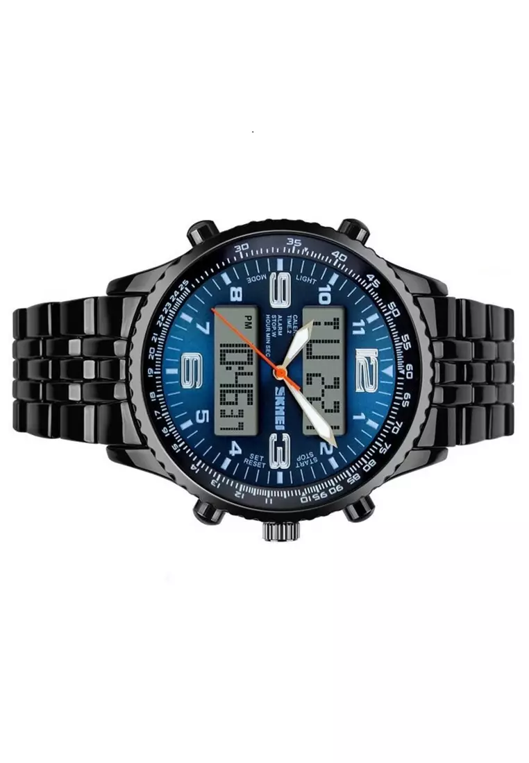 Jam Tangan Casual Analog Digital Pria LED Waterproof Strap Tali Material Stainless Steel NJ77 ORIGINAL