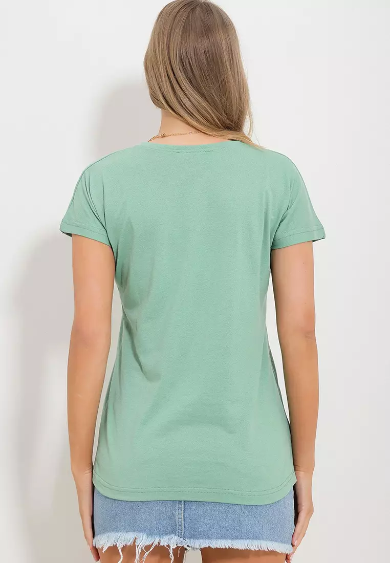 Women's Almond Green V-Neck Basic T-Shirt