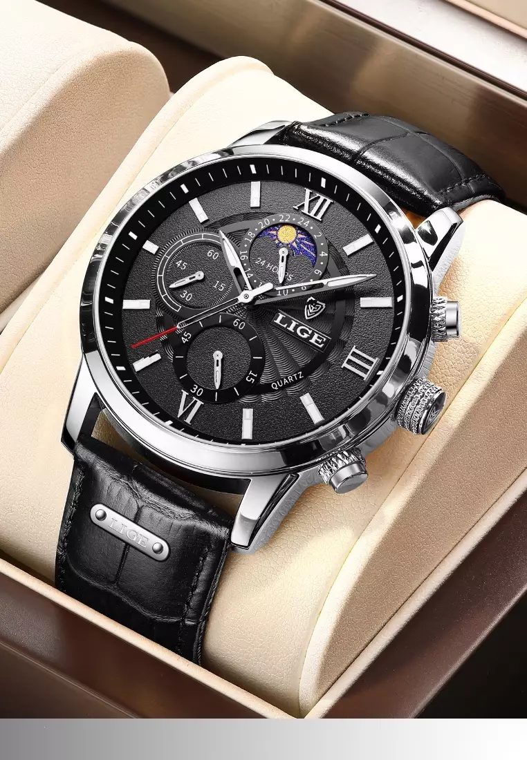 Chronograph, Unisex, Stainless Steel Quartz Watch 43mm, Black dial, on Black Leather Strap