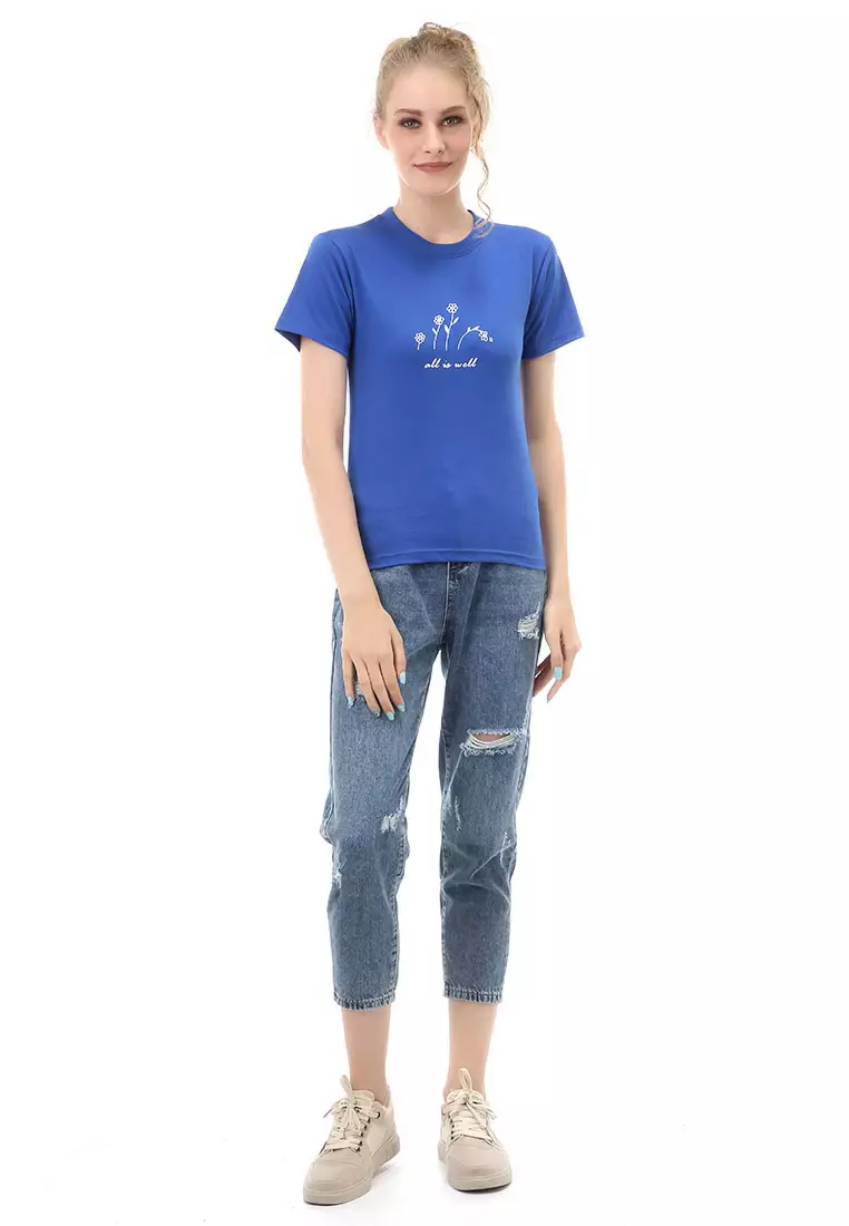 Genevie T-Shirt Kaos Kasual Wanita All Is Well Short Sleeve Material Cotton Combed ORIGINAL - Blue Benhur