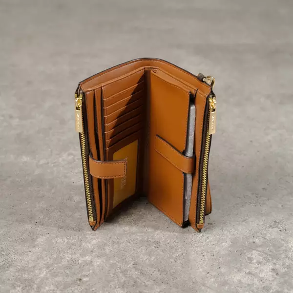 Dompet MICHAEL KORS MONOGRAM BROWN CAMEL FLAP BIFOLD LONG WALLET WITH HANDLE 100% ORIGINAL