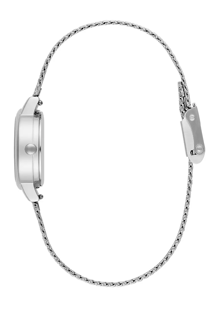 Olivia Burton Mini White Mother Of Pearl Dial, Sparkle Markers and Silver Boucle Mesh - 24000120