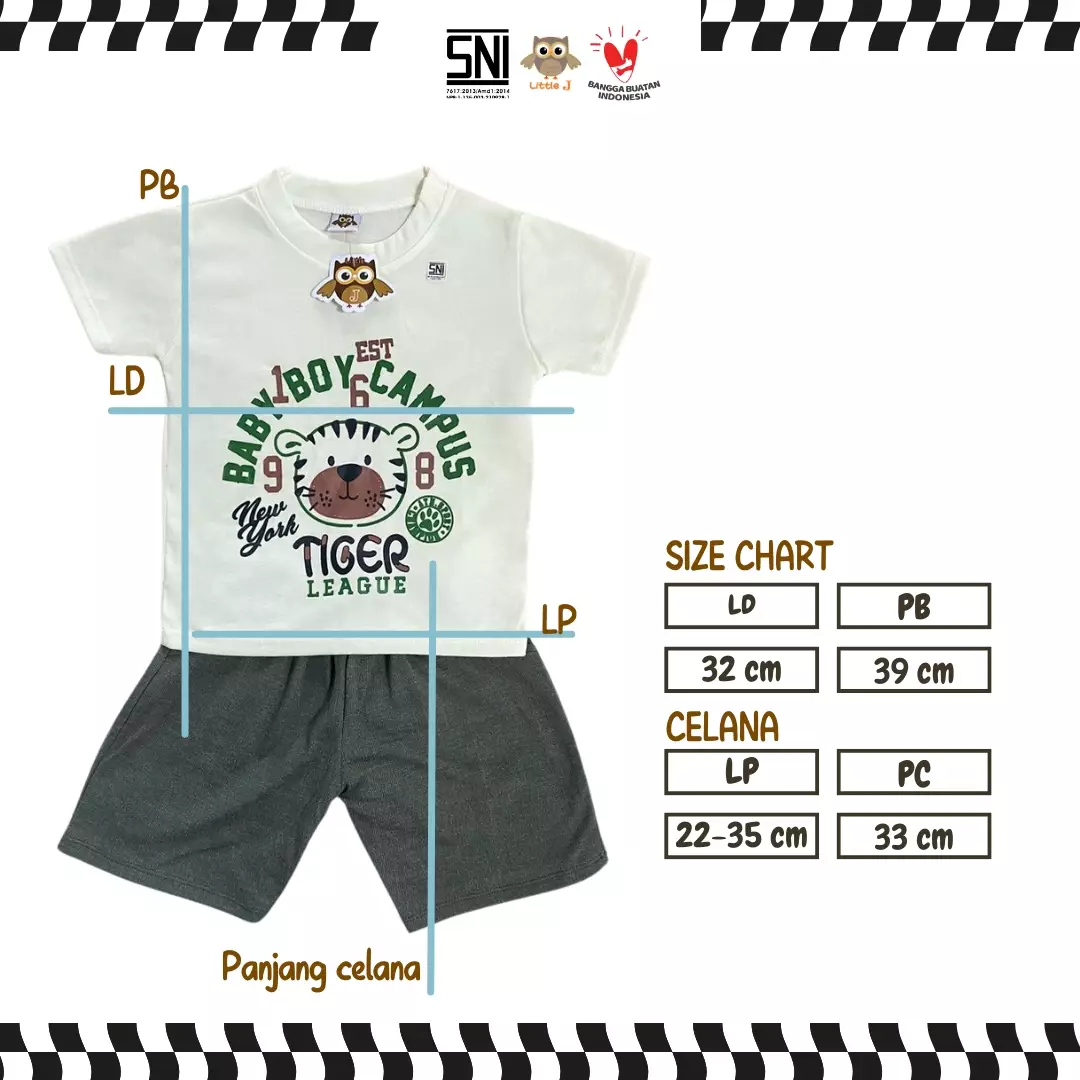 Little J - (1721 ARMY) Setelan Anak Laki-Laki Baby Boy Campus Tiger  Baju Anak Cowok Set Kaos + Celana Pendek Size 12-36 Bulan