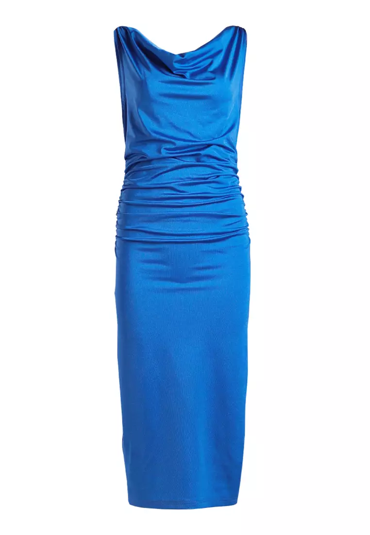 Royal Blue Sleeveless Draped Knee Length Dress