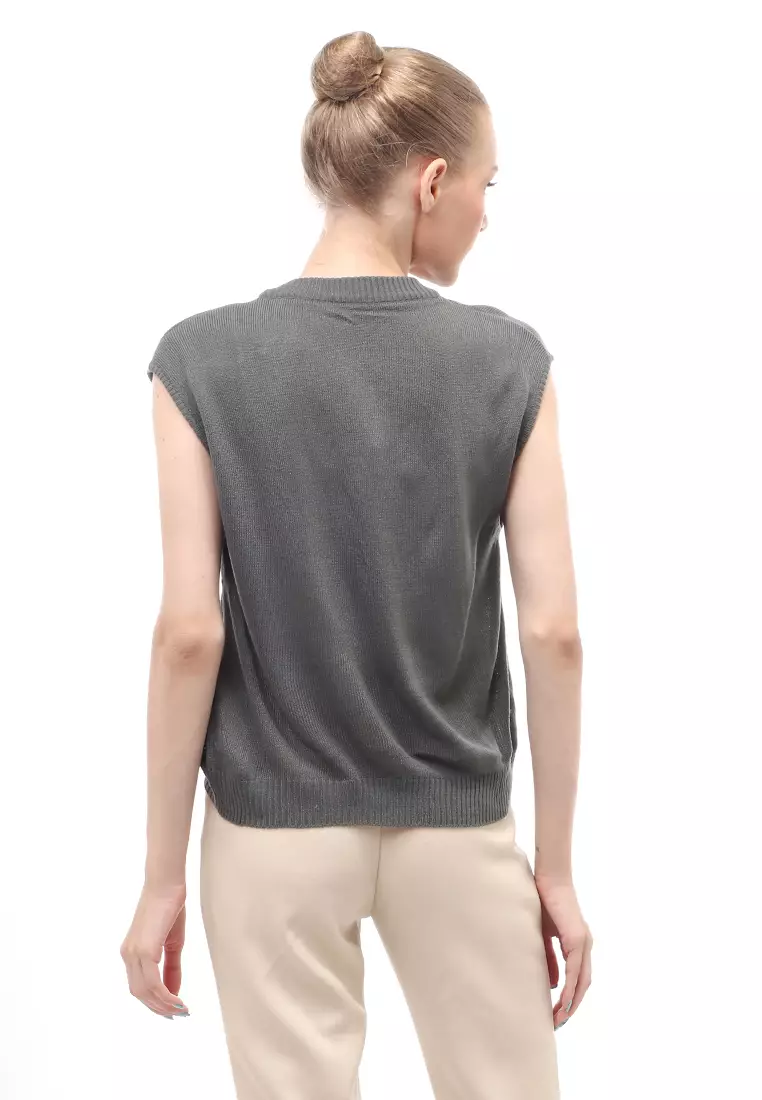 Vest Knit Atasan Wanita Sleeves Kerah V-neck Design Simple - Charcoal