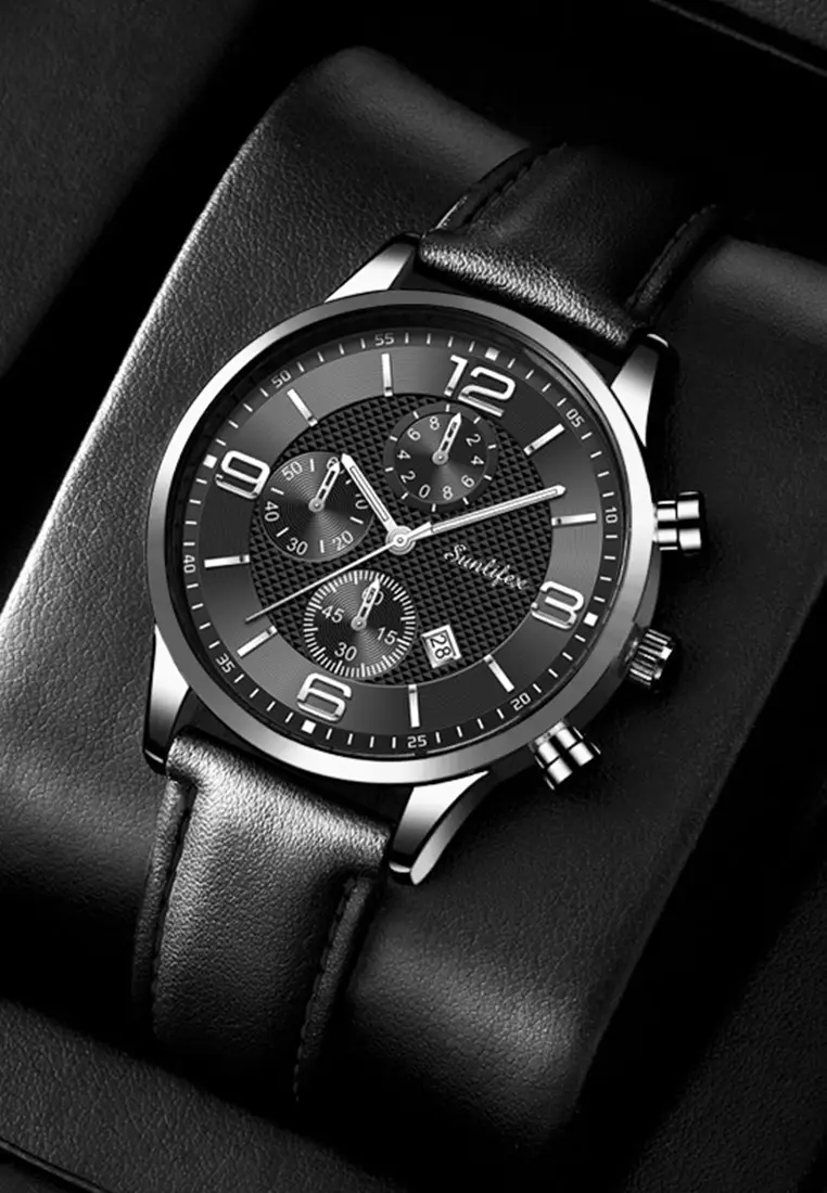 Jam Tangan Pria Kalender Kuarsa Bisnis Klasik Anti Air Tali Kulit Jam Tangan Cowok black silver