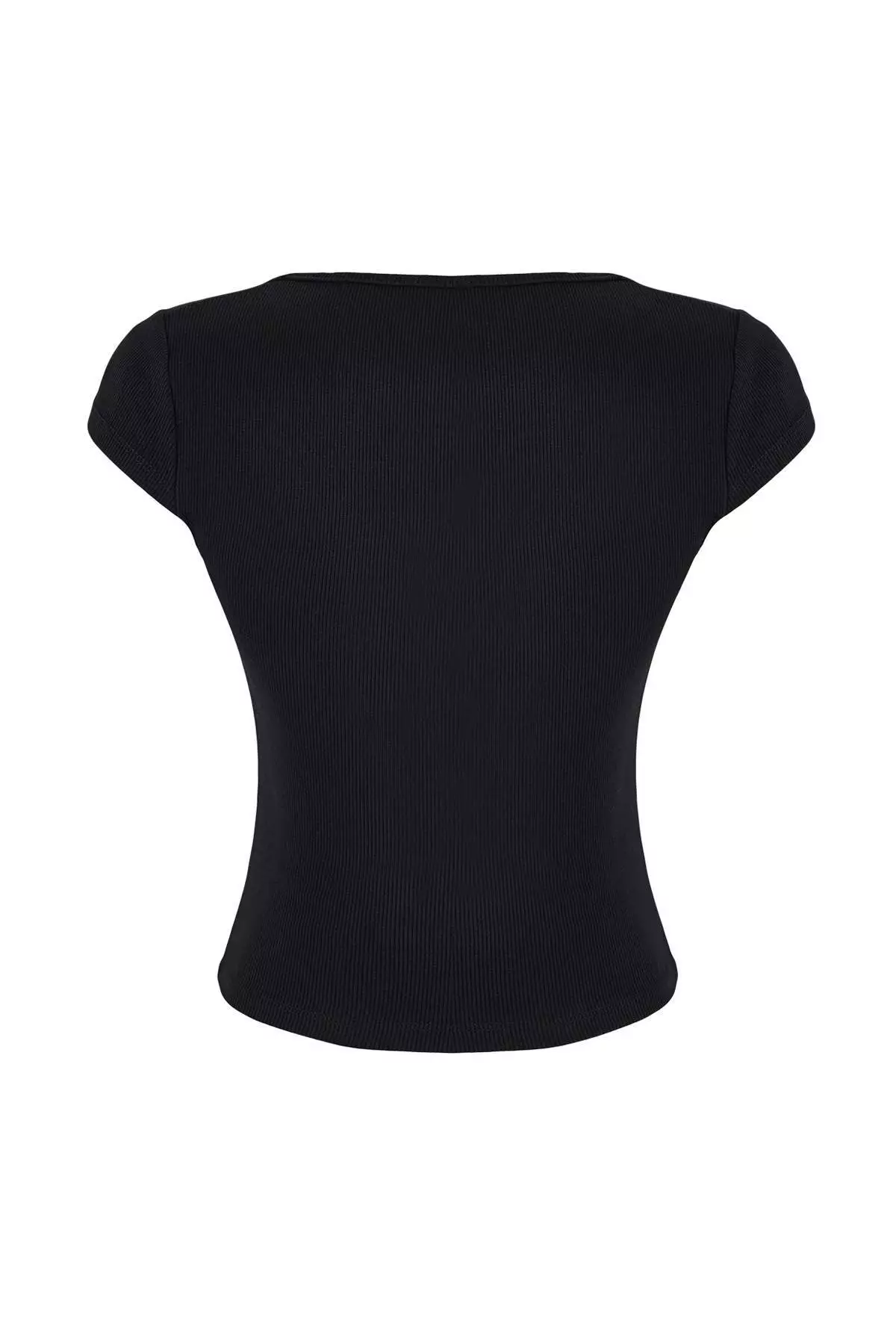 Wardrobe Essentials-Wardrope Essentials Black Fitted Short Sleeve Crop Stretchy Knitted Blouse Twoss26Bz155