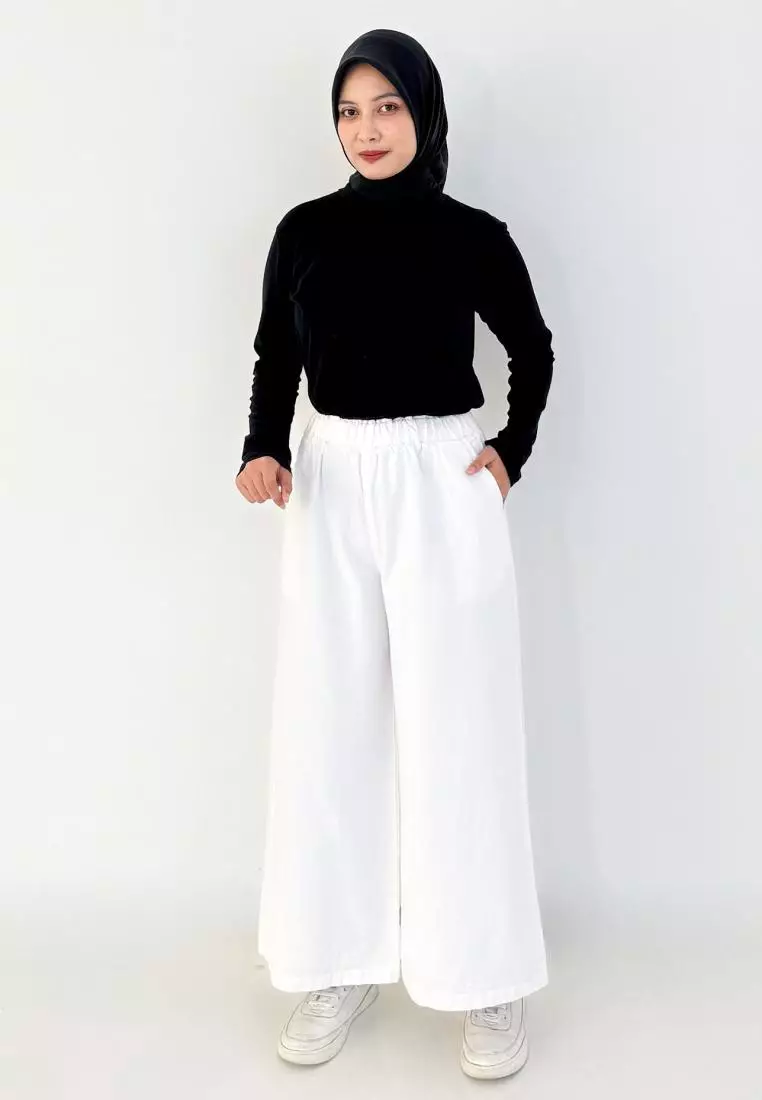 Jasmin Denim Kulot PUTIH Celana Pinggang Karet Basic Wanita Fit BB 43-80 kg