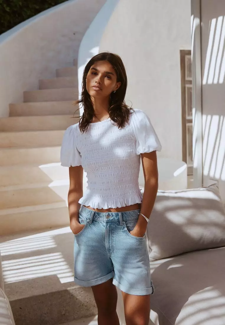 Shirred Short Sleeve Crew Neck Top