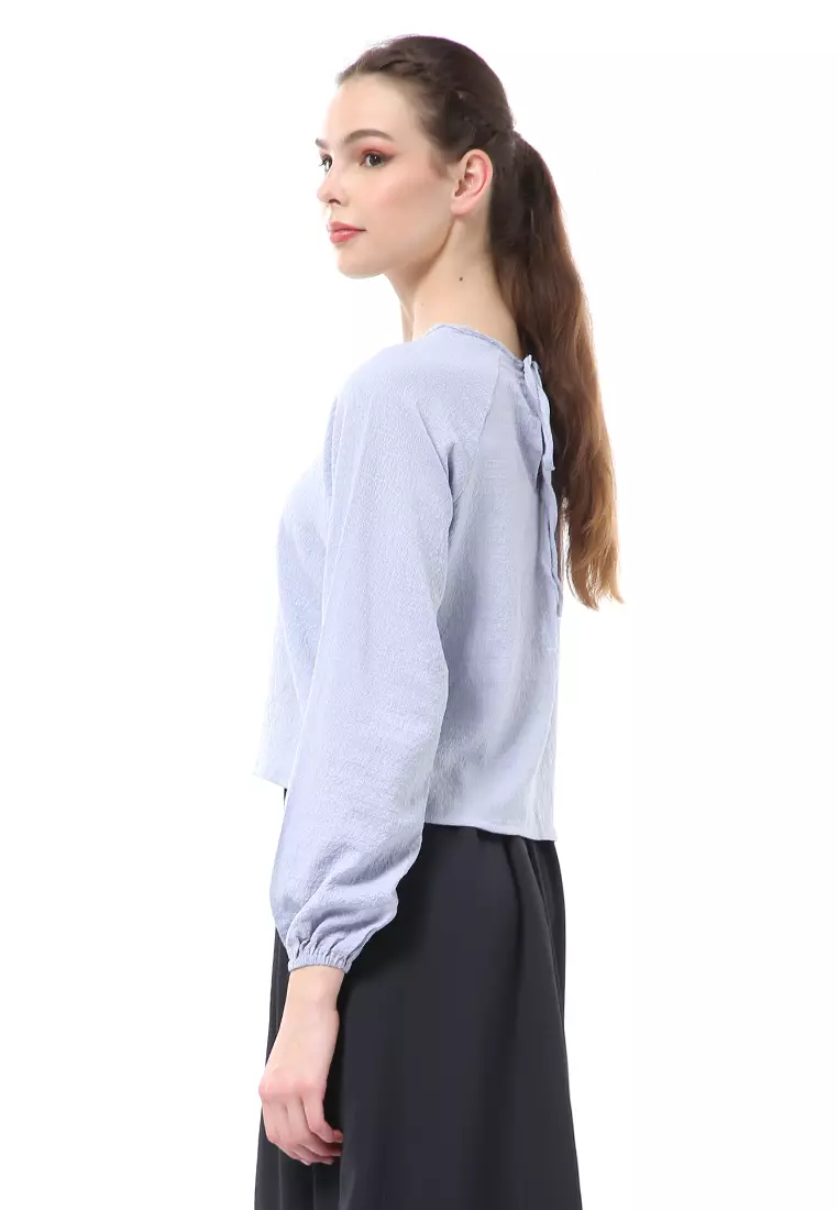 Albertine Blouse Atasan Wanita Lengan Panjang Desain Balon Material Crinkle ORIGINAL - Blue